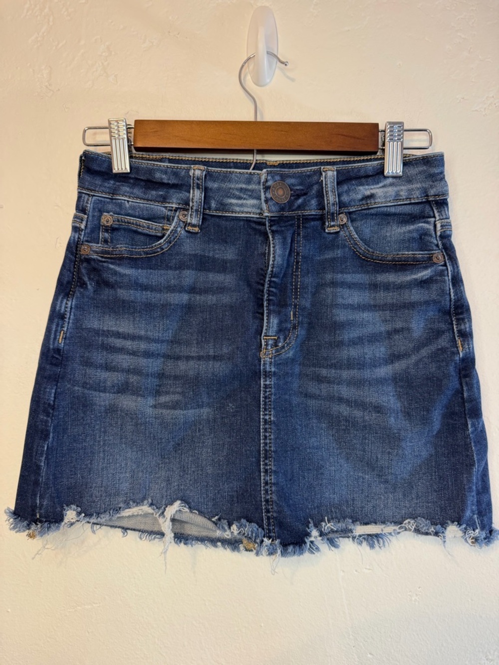 American Eagle Outfitters Dark Blue Denim Mini Skirt with Frayed Hem - Picture 1 of 5
